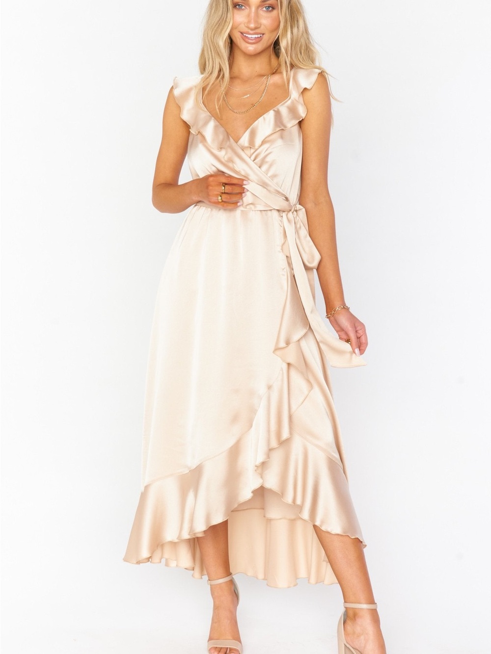 Show Me Your MuMu Samantha Ruffle Wrap Dress Champagne Satin Size 1X